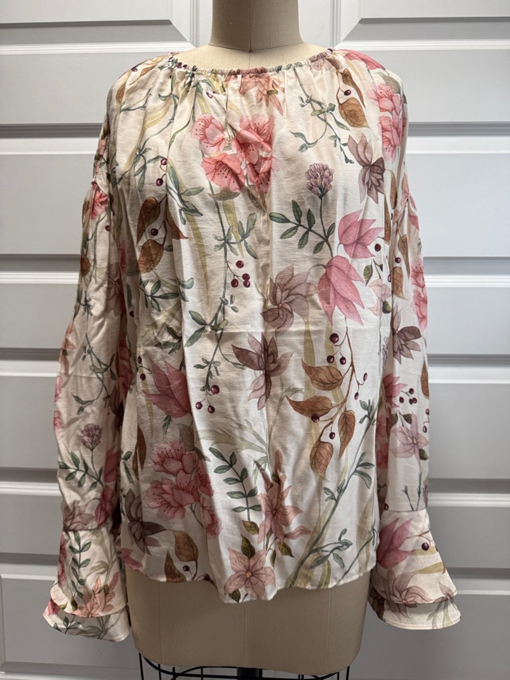 H&M Cream Floral Off-Shoulder Blouse with Pink and Brown Accents